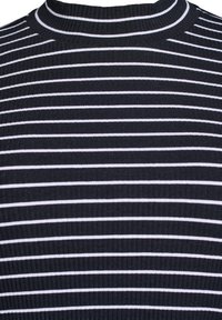 Zebra prugasta pletiva bluzica u crno-bijeloj boji s visokim okovratnikom i rebrastom teksturom, sa ravnomjerno raspoređenim horizontalnim prugama i prilagođenim dizajnom.