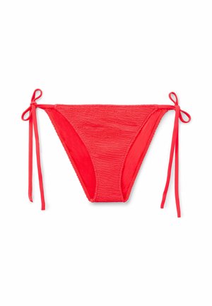 Red bikini bottom made of textured fabric with a wavy pattern. Features tie closures at each hip for adjustable fit.