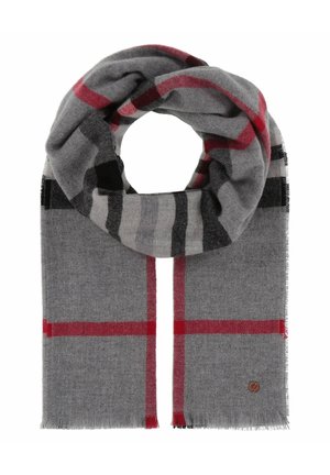 Écharpe grise avec un motif à carreaux rouges et noirs, fabriquée dans un matériau doux avec des bords frangés et un petit patch logo.
