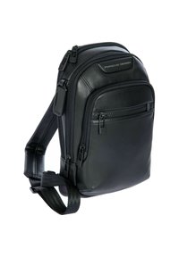 Borsa a tracolla nera in pelle con scomparti con zip multipli e tracolla regolabile, caratterizzata dal logo "Porsche Design" sul fronte.