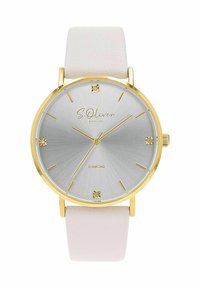 Rundes silbernes Zifferblatt mit goldenen Akzenten, Diamantenmarkierungen und einem hellrosa Lederarmband. Verfügt über ein minimalistisches Design und klare Linien.