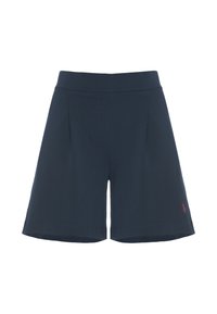 Shorts in cotone blu navy con pieghe, design a gamba larga e un accento logo rosso sulla gamba sinistra. Tessuto morbido e vita a media altezza.