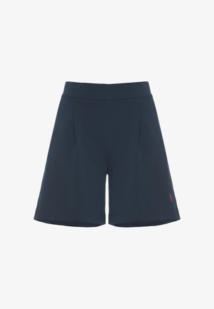 Shorts in cotone blu navy con pieghe, design a gamba larga e un accento logo rosso sulla gamba sinistra. Tessuto morbido e vita a media altezza.