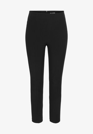 Pantalones negros ajustados con un diseño entallado, longitud recortada, costuras frontales sutiles y un cierre de cremallera oculto en la parte posterior.