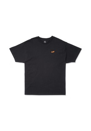 Black cotton t-shirt with short sleeves, round neck, and small orange logo on the chest. Smooth texture and loose fit.