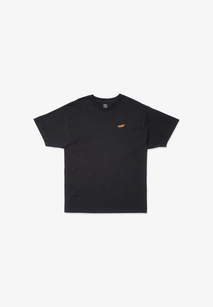 Black cotton t-shirt with short sleeves, round neck, and small orange logo on the chest. Smooth texture and loose fit.