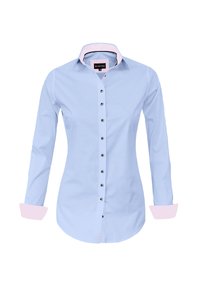 Light blue button-up shirt with long sleeves, contrasting pink collar and cuffs, and black buttons along the front. Smooth fabric texture.