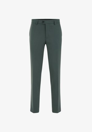 Pantaloni su misura in tessuto verde scuro, con frontale piatto, vestibilità slim e chiusura con un solo bottone, dotati di tasche laterali. Tessuto morbido.