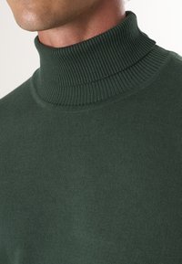 Dunkelgrüner Rollkragenpullover aus weichem Stoff. Mit einem hohen, gerippten Kragen und einer glatten, gleichmäßigen Textur. 