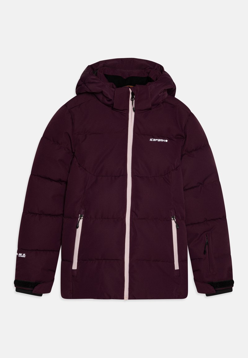 Giacca invernale imbottita di colore viola scuro con cappuccio, zip frontale, due tasche laterali con zip e polsini regolabili.