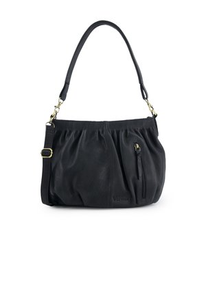 Black leather handbag with a slouchy design, featuring a top handle and adjustable shoulder strap. Includes a front zipper pocket for storage.