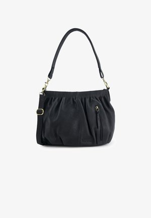 Sac à main en cuir noir avec un design souple, doté d'une poignée supérieure et d'une bandoulière réglable. Comprend une poche avant zippée pour le rangement.