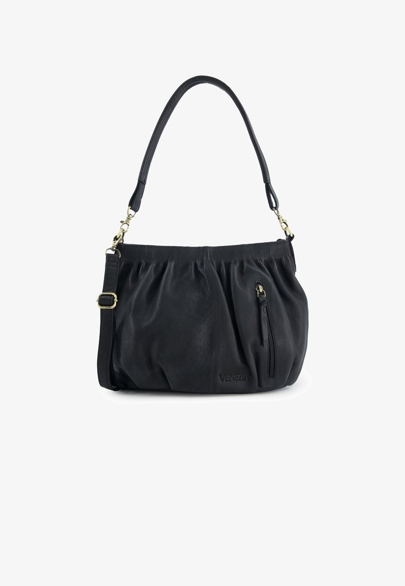 Schwarze Lederhandtasche mit lässigem Design, ausgestattet mit einem oberen Griff und verstellbarem Schulterriemen. Verfügt über eine vordere Reißverschlusstasche zur Aufbewahrung.