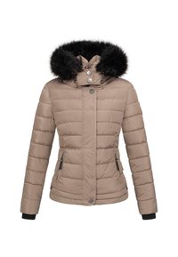 Beige Daunenjacke mit einer schwarzen Kunstfellkapuze, horizontalem Steppdesign, Reißverschlusstaschen an den Seiten und Druckknopfverschluss auf der Vorderseite.
