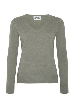 Lichtgrijze gebreide trui met V-hals en lange mouwen, geribbelde manchetten en zoom, gelabeld "STYLE REPUBLIC" aan de binnenkant van de kraag.