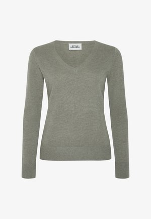 Lichtgrijze gebreide trui met V-hals en lange mouwen, geribbelde manchetten en zoom, gelabeld "STYLE REPUBLIC" aan de binnenkant van de kraag.