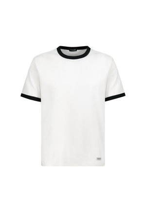 White short-sleeve t-shirt with black trim on collar and sleeve edges, and a small brand label near the bottom hem.
