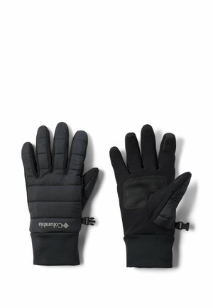 Guanti neri con isolamento imbottito, dotati di un palmo con presa testurizzata, chiusure al polso regolabili e una finitura in tessuto liscio.