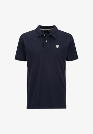 Marineblaue Poloshirts aus Baumwolle mit einem Kragen, zwei Knöpfen und einem kleinen Emblem auf der Brust. Kurze Ärmel und klassischer Schnitt.