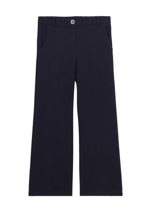 Marineblauwe wijde broek gemaakt van een gladde stof. Voorzien van een knoopsluiting en zijzakken. Eenvoudig ontwerp zonder patronen of versieringen.