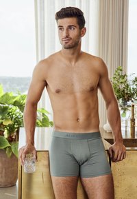 Gröna bomullshorts med resårmidja som visar "JBS OF DENMARK" i grått. Slät textur, åtsittande design.