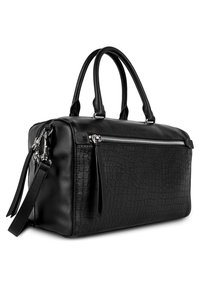 Borsa a mano in pelle nera con un pannello frontale in tessuto effetto coccodrillo, zip argentata, manici superiori doppi e tracolla rimovibile.