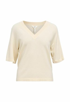 Suéter de cuello en V de color beige claro con mangas cortas, hecho de una tela suave. Presenta una textura sutil y detalles acanalados en el cuello y las mangas.