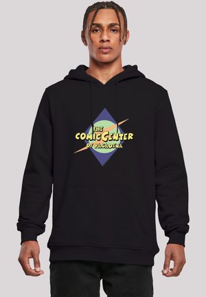 Hanorac negru cu un buzunar frontal tip kangaroo și un design grafic al unui diamant cu textul "CENTRUL DE BENZI DESENATE DIN PASADENA" în culori vibrante.