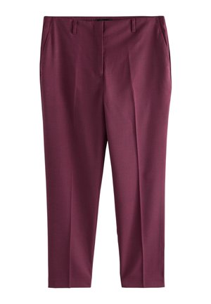 Mørkerøde, lige kjolebukser med sidelommer og bæltestropper, vist mod en hvid baggrund.
