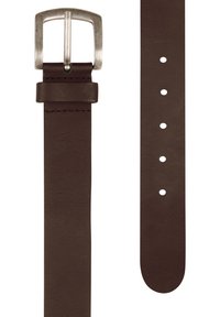 Bruin leren riem met een zilveren rechthoekige gesp, voorzien van meerdere gaten en een gladde textuur. Verfraaid met stiksel nabij de gesp.