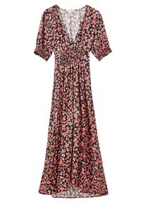 Vestido floral con un profundo escote en V, mangas cortas abullonadas, cintura fruncida y una falda fluida con un fondo negro adornado con flores rosas y naranjas.