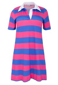 Korte mouw jurk met een polo kraag, voorzien van horizontale strepen in roze en blauw. Gemaakt van zachte stof, met een ontspannen pasvorm.