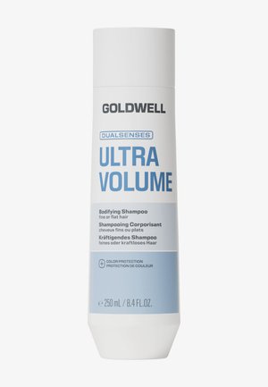 Goldwell Dualsenses Ultra Volume volumegevend shampoo voor fijn of futloos haar met kleurbehoud, 250 ml witte en lichtblauwe fles.