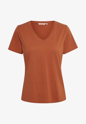 Roodbruine V-hals T-shirt met korte mouwen. Zacht, rekbaar katoenmateriaal. Eenvoudig, strak ontwerp zonder zichtbare patronen of accenten.