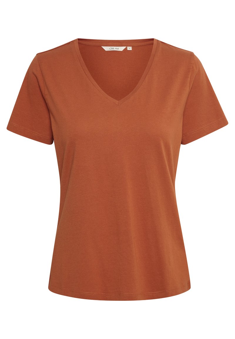 Rudo atspalvio V-kindžio T-shirt su trumpomis rankovėmis. Minkšta, elastinga medvilnė. Paprastas, švarus dizainas be matomų raštų ar akcentų.