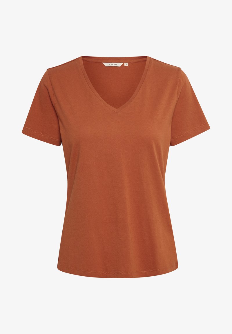 Rudo atspalvio V-kindžio T-shirt su trumpomis rankovėmis. Minkšta, elastinga medvilnė. Paprastas, švarus dizainas be matomų raštų ar akcentų.