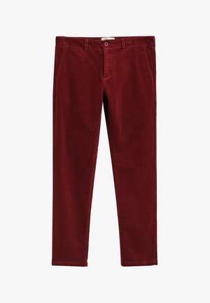 Rostfarbene Cordhosen, Slim Fit, mit Gürtelschlaufen, frontalen Taschen und einer einzelnen Gesäßtasche mit Knopfverschluss.