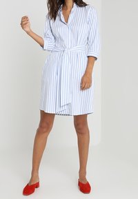 Vestito a camicia a righe in azzurro chiaro e bianco, realizzato in cotone. Caratterizzato da un'apertura frontale con bottoni, maniche arrotolate, cintura abbinata e orlo asimmetrico.