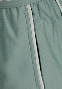 Šviesiai žali sportiniai šortai, pagaminti iš tekstūruoto audinio, su baltais šonųDryža ir elastine juosta juosmens krašte. Matomas išskirtinis siūlių detalė.