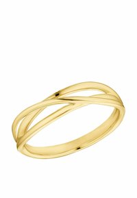 Pulsera de oro en forma de bangle con un diseño entrelazado, que presenta superficies lisas y brillantes y una forma cilíndrica. Sin patrones ni acentos visibles.