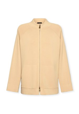 Chaqueta beige con cremallera y cuello alto, con bolsillos laterales, mangas largas y textura acanalada. Diseño sencillo sin patrones ni adornos.