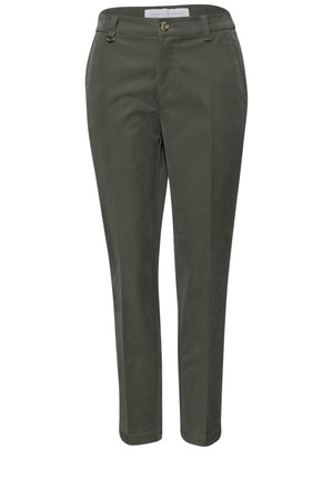 Pantaloni slim fit verde oliva con bottone frontale, cerniera, passanti per cintura e tasche laterali. Taglio gamba dritta.