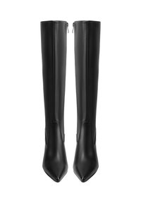 Stivali neri in pelle alti fino al ginocchio con punta a zampe di gallo, chiusura con zip e texture liscia. Presentano un design aderente e accenti minimalisti.