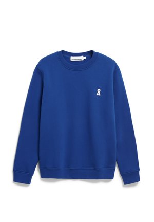 Blauwe sweatshirt van een katoenmix, met een ronde halslijn, lange mouwen en een klein wit lintlogo op de linkerborst.