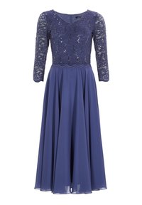Navy-blaues Spitzenkleid mit Dreiviertelärmel, das ein tailliertes Spitzenoberteil und einen fließenden Rock aus glattem Stoff aufweist, der mit Pailletten verziert ist.