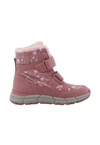 Botas infantiles rosas con forro de peluche, que presentan patrones de corazones y estrellas, dos correas de velcro ajustables y una suela de goma texturizada.