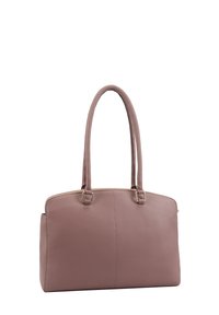 Leren handtas in zacht mauve met dubbele handvatten, ritsafsluiting en goudkleurige hardware. Glad oppervlak en gestructureerde rechthoekige vorm.