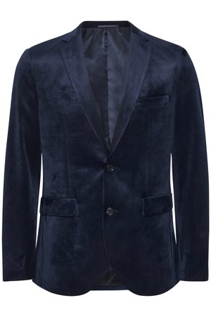 Blazer de terciopelo azul marino con solapas con muesca, cierre de un botón, dos bolsillos frontales y forro de satén. Textura suave con una apariencia lujosa.