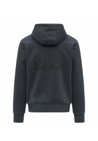 Felpa grigia scura con tasca frontale e cappuccio regolabile con cordino. Presenta una grande grafica nera sul retro con la scritta "ABOVE THE HYPE" e un'icona.