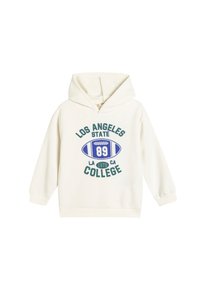Sudadera con capucha color crema hecha de una tela suave, con un gráfico azul y verde de un balón de fútbol, texto y año en la parte frontal.